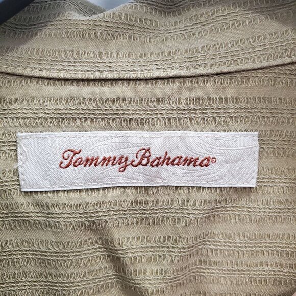 Tommy Bahama Men's Dark Khaki Textured Silk Coconut Shell Button‎ Camp Shirt XL - Picture 5 of 7